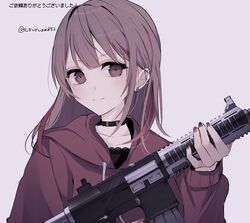  assault_rifle bad_id bad_twitter_id black_choker black_nails blush brown_eyes brown_hair brown_hoodie brown_nails choker closed_mouth collarbone commentary ear_piercing earrings eyebrows_hidden_by_hair female gun h&amp;k_hk416 hand_up highres holding holding_gun holding_weapon hood hood_down hoodie jewelry lace_trim long_hair long_sleeves looking_at_viewer multicolored_hair multicolored_nails nail_polish original piercing purple_background red_hair rifle simple_background sleeves_past_wrists smile solo streaked_hair translated tsuruse twitter_username upper_body weapon 