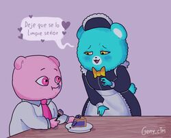  2023 achuchones_(unicorn_wars) anthro bear biped blue_body blush bow_tie clothing dessert dialogue duo food geny_ctm gordi_(unicorn_wars) heart_symbol hi_res maid_uniform mammal necktie pastry pie pink_body shirt spanish_text text topwear translated unicorn_wars uniform 