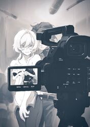  1boy bra camera couple female genshin_impact greyscale highres lumine_(genshin_impact) monochrome n.s.egg recording short_hair simple_background straight underwear xiao_(genshin_impact) 