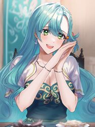  aqua_hair blush braid breasts censored censored_food chloe_(fire_emblem) cleavage commentary earrings female fire_emblem fire_emblem_engage green_eyes hair_between_eyes highres jewelry large_breasts long_hair looking_at_viewer official_alternate_costume open_mouth own_hands_together smile solo teeth tomo_shirasu tongue upper_teeth_only very_long_hair 