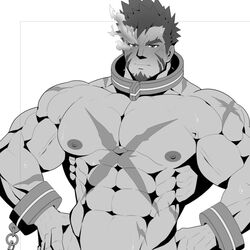  1boy abs bara beach blush completely_nude cross_scar expressionless facial_hair flaming_eye goatee greyscale heracles_(housamo) karakuraax large_pectorals looking_at_viewer male_focus mature_male monochrome muscular muscular_male mutton_chops navel nipples nude out-of-frame_censoring pectorals penis_out_of_frame scar scar_on_chest short_hair sideburns smile solo stomach sweat thick_eyebrows tokyo_afterschool_summoners upper_body v-shaped_eyebrows very_sweaty 