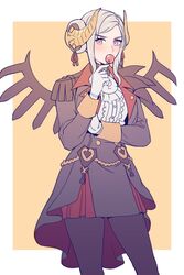  border candy commentary cowboy_shot double_bun edelgard_von_hresvelg edelgard_von_hresvelg_(hegemon_husk) fake_horns female fire_emblem fire_emblem:_three_houses food gloves grey_hair hair_bun hair_ornament highres holding holding_candy holding_food horns jacket lollipop long_sleeves looking_at_viewer orange_background pantyhose radiostarkiller simple_background skirt solo symbol-only_commentary two-tone_background white_border 