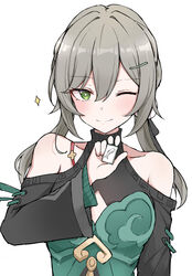  absurdres bare_shoulders blush brown_hair cleavage_cutout clothing_cutout dress female green_dress green_eyes hair_between_eyes hair_ornament hairclip highres honkai:_star_rail honkai_(series) long_hair mango_(mgo) one_eye_closed qingque_(honkai:_star_rail) shoulder_cutout simple_background smile solo sparkle twintails upper_body white_background 