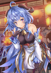  absurdres ahoge bare_shoulders bell black_gloves blue_hair bodystocking breasts commentary_request cowbell detached_sleeves female ganyu_(genshin_impact) genshin_impact gloves h_yoruneko highres horns keqing_(genshin_impact) lantern lantern_festival large_breasts leaning_forward long_hair long_sleeves looking_at_viewer paper_lantern purple_eyes sidelocks sky_lantern standing very_long_hair vision_(genshin_impact) 