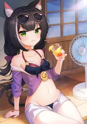  2drr animal_ear_fluff animal_ears bare_shoulders bikini black_hair blue_bikini blush bow breasts cat_ears cat_girl cat_tail collarbone commentary crazy_straw cup drinking_glass drinking_straw electric_fan eyewear_on_head female green_eyes hair_between_eyes hairbow hand_up holding holding_cup jacket karyl_(princess_connect!) karyl_(summer)_(princess_connect!) long_hair looking_at_viewer low_twintails multicolored_hair navel off_shoulder open_clothes open_fly open_shorts parted_lips princess_connect! purple_bow purple_jacket revision short_shorts short_sleeves shorts sitting small_breasts solo streaked_hair sunglasses sweat swimsuit tail twintails veranda very_long_hair white_hair white_shorts 