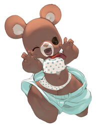  2016 anthro bear bottomwear breasts brown_body clothing female koki looking_at_viewer mammal navel one_eye_closed open_mouth short_stack shorts simple_background smile solo thick_thighs underwear white_background wide_hips 