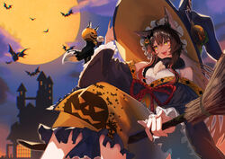  absurdres animal_ears animal_print bare_shoulders bat_(animal) bat_print breasts broom broom_riding brown_hair castle cleavage crossed_legs fangs feline female fox_ears fox_girl frilled_hat frills full_moon fumi_(nijisanji) hair_between_eyes hair_ornament halloween hand_up hat highres jack-o&#039;-lantern jack-o&#039;-lantern_hair_ornament japanese_clothes kimono large_breasts large_hat long_hair long_sleeves looking_at_another moon murechika night nijisanji off_shoulder open_mouth pumpkin pumpkin_hat pumpkin_print rope sharp_teeth sidesaddle solo tail teeth upper_teeth_only virtual_youtuber wide_sleeves witch witch_hat yellow_eyes 