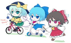  3girls absurdres ascot bicycle black_footwear black_headwear blue_bow blue_dress blue_eyes blue_hair bow brown_footwear brown_hair character_doll cirno closed_mouth collared_shirt commentary detached_sleeves doll dress frilled_bow frilled_hair_tubes frilled_shirt_collar frilled_skirt frilled_sleeves frills full_body fumo_(doll) gohei green_eyes green_hair green_skirt hair_tubes hairbow hakurei_reimu hat hat_bow highres holding ice ice_wings kick_scooter komeiji_koishi long_dress long_sleeves medium_hair multiple_girls neck_ribbon nontraditional_miko pinafore_dress puffy_short_sleeves puffy_sleeves red_bow red_eyes red_ribbon red_shirt red_skirt rei_(tonbo0430) ribbon ribbon-trimmed_sleeves ribbon_trim riding riding_bicycle shirt short_hair short_sleeves sidelocks simple_background skirt skirt_set sleeveless sleeveless_dress touhou walking wavy_hair white_background white_shirt wide_sleeves wings yellow_ascot yellow_bow yellow_ribbon yellow_shirt 