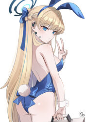  absurdres animal_ears aqua_bow aqua_bowtie ass bare_shoulders blonde_hair blue_archive blue_eyes blue_hairband blue_halo blue_leotard bow bowtie breasts detached_collar earpiece fake_animal_ears fake_tail female gangbyeon hairband halo highleg highleg_leotard highres holding_case leotard long_hair looking_at_viewer medium_breasts official_alternate_costume playboy_bunny rabbit_ears rabbit_tail solo strapless strapless_leotard tail thighhighs toki_(blue_archive) toki_(bunny)_(blue_archive) v white_background white_thighhighs white_wrist_cuffs wrist_cuffs 