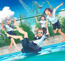  4girls ahoge alternate_costume asashimo_(kancolle) barbed_wire barefoot bike_shorts black_hair blue-framed_eyewear blue_sailor_collar blue_skirt blue_sky brown_eyes bush chain-link_fence closed_eyes cloud commentary_request cosplay crane_(machine) dated day dutch_angle fence fubuki_(kancolle) fubuki_(kancolle)_(cosplay) fujinami_(kancolle) full_body glasses green_eyes grey_eyes grey_hair hair_over_one_eye hair_ribbon hayanami_(kancolle) highres kantai_collection kusakabe_(kusakabeworks) long_hair multiple_girls okinami_(kancolle) outdoors pink_hair pleated_skirt ponytail pool poolside ribbon sailor_collar school_uniform serafuku sharp_teeth shirt short_hair shorts shorts_under_skirt skirt sky smile t-shirt teeth twitter_username water white_ribbon white_shirt 