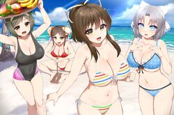  4girls absurdres asuka_(senran_kagura) banana baozi_hair_ornament beach bikini black_one-piece_swimsuit blue_bikini blue_eyes bob_cut bow breasts brown_eyes cleavage cloud cloudy_sky coconut coconut_tree collarbone commentary_request dappled_sunlight day double_bun firestarter floral_print food fruit hair_bun hair_ribbon hairband hairbow hands_on_own_chest highres holding holding_stick holding_tray kusaka_souji large_breasts linea_alba looking_at_viewer mai_(senran_kagura) mango medium_hair meimei_(senran_kagura) multicolored_clothes multicolored_swimsuit multiple_girls navel ocean one-piece_swimsuit palm_tree pink_one-piece_swimsuit polka_dot polka_dot_bikini ponytail purple_one-piece_swimsuit red_bikini ribbon sand senran_kagura senran_kagura_estival_versus senran_kagura_new_wave senran_kagura_shinovi_versus short_hair sky sparkle standing stick striped_bikini striped_clothes sunlight swimsuit tray tree underboob water waves yellow_eyes yumi_(senran_kagura) 