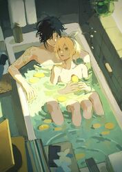  1boy alternate_hairstyle arm_on_another&#039;s_leg arm_tattoo bath bathing bathtub black_hair blonde_hair blue_headband book completely_nude couple day elbow_rest female from_above genshin_impact headband highres holding holding_toy indoors leaning leaning_back lumine_(genshin_impact) mixed-sex_bathing n.s.egg nude rubber_duck shared_bathing short_hair sitting_between_lap smile straight sunlight tattoo three_quarter_view toy water_censor xiao_(genshin_impact) yellow_eyes 