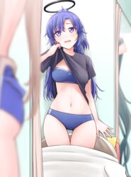  3girls black_hair blue_archive blue_buruma blue_hair blue_sports_bra blurry blurry_foreground blush breasts brown_hair buruma character_request facial_tattoo halo highres indoors long_hair medium_breasts meihemu multiple_girls navel official_alternate_costume open_mouth purple_eyes sports_bra star_tattoo sweat tattoo yuuka_(blue_archive) yuuka_(track)_(blue_archive) 