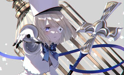  azur_lane blue_ribbon blush bob_cut cage capelet commentary cross dress eyepatch female gauntlets grin hat highres holding holding_cross kyuumura le_terrible_(azur_lane) long_sleeves looking_at_viewer neck_ribbon outstretched_arm pale_skin platinum_blonde_hair ribbon short_hair smile solo standing upper_body white_capelet white_dress 