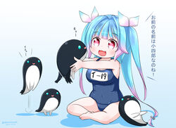  abyssal_ship blue_hair blue_one-piece_swimsuit breasts covered_navel female hair_ribbon i-19_(kancolle) kantai_collection kuchiku_i-kyuu large_breasts long_hair masara_(chuujou) name_tag one-piece_swimsuit red_eyes ribbon school_swimsuit sitting star-shaped_pupils star_(symbol) swimsuit symbol-shaped_pupils translation_request tri_tails 