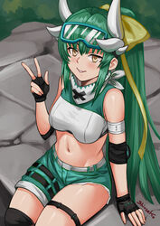  blush breasts commentary dragon_girl dragon_horns fate/grand_order fate_(series) female green_hair grin highres horns kiyohime_(fate) kiyohime_(jurassic_dream)_(fate) long_hair looking_at_viewer medium_breasts multiple_horns ponytail shinsaku_(stan-art) sitting smile solo thighs v yellow_eyes 