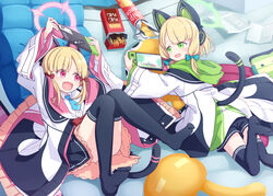  2girls :d animal_ear_headphones animal_ears arms_up black_shorts black_skirt black_thighhighs blonde_hair blue_archive blue_bow blue_neckwear bow brand_name_imitation chips_(food) collared_shirt commentary_request dress_shirt eye_contact fake_animal_ears feet_out_of_frame food green_eyes hairbow halo harada_(sansei_rain) headphones highres holding hood hood_down hooded_jacket jacket knees_together_feet_apart knees_up leg_up long_hair long_sleeves looking_at_another looking_to_the_side lying midori_(blue_archive) momoi_(blue_archive) multiple_girls nintendo_switch no_shoes on_back on_stomach open_clothes open_jacket parted_bangs partial_commentary pocky potato_chips red_bow red_eyes shirt short_shorts shorts siblings sisters skirt smile soles tail thighhighs twins v-shaped_eyebrows white_jacket white_shirt wide_sleeves 