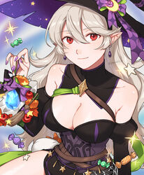  bare_shoulders belt black_dress black_hat breasts brown_belt candy cleavage closed_mouth collarbone commentary corrin_(female)_(fire_emblem) corrin_(female)_(halloween)_(fire_emblem) corrin_(fire_emblem) crossed_belts detached_collar detached_sleeves dragonstone dress earrings english_commentary female fingernails fire_emblem fire_emblem_fates fire_emblem_heroes food grey_hair hair_between_eyes halloween halloween_costume hat highres jewelry large_breasts long_hair looking_at_viewer official_alternate_costume peach11_01 pointy_ears purple_nails red_eyes smile solo twitter_username wavy_hair witch witch_hat 