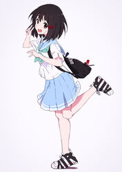  absurdres backpack bag black_hair blue_sailor_collar blue_skirt bow female gekijouban_hibike!_euphonium green_neckerchief hairbow hand_up hibike!_euphonium highres hisaishi_kanade kitauji_high_school_uniform leg_up looking_at_viewer neckerchief open_mouth pleated_skirt red_bow red_eyes sailor_collar sakurayama_(59_sakurayama) school_uniform serafuku shirt shoes short_hair short_sleeves simple_background skirt smile sneakers solo standing standing_on_one_leg uniform v white_background white_shirt 