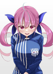  absurdres ahoge alternate_costume bad_id bad_pixiv_id blue_bow blue_hair blue_shirt blunt_bangs blush bow braid breasts collared_shirt colored_inner_hair drill_hair female hairbow highres hitsujisnow hololive id_card lawson long_hair long_sleeves looking_at_viewer medium_breasts minato_aqua multicolored_hair open_mouth own_hands_together purple_eyes purple_hair shirt solo standing streaked_hair twintails two-tone_hair upper_body virtual_youtuber white_background 