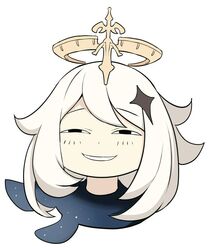  anya&#039;s_heh_face_(meme) black_eyes female fluffy genshin_impact grin hair_ornament half-closed_eyes halo looking_at_viewer mechanical_halo meme paimon_(genshin_impact) parody rouzille short_hair simple_background smile smug white_background white_hair 