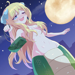  ahoge blonde_hair blue_eyes blush breasts female from_below hair_over_breasts hair_ribbon jashin-chan jashin-chan_dropkick lamia long_hair monster_girl moon mumyou_ishi navel night night_sky nude oerba_yun_fang one_eye_closed open_mouth outdoors ribbon shiny_skin sky small_breasts smile solo 