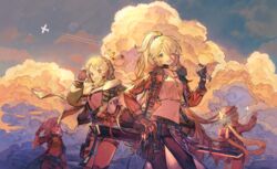  4girls :d aircraft airplane backpack bag bandeau belt black_pants blonde_hair chinese_commentary closed_eyes coat commentary contrapposto croque_(neural_cloud) earhart_(neural_cloud) fern_(neural_cloud) girls&#039;_frontline girls&#039;_frontline_neural_cloud gloves green_jacket hair_over_one_eye hat headphones headpiece highres jacket jewelry long_sleeves looking_at_viewer medium_hair microphone midriff mouth_hold multiple_girls navel necklace one_eye_covered pants ponytail red_eyes rosette_(yankaixuan) shirt shorts smile sol_(neural_cloud) 