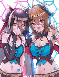  2girls :d agnes_tachyon_(umamusume) ahoge animal_ears black_hair black_horns blush breasts brown_hair cleavage cosplay crop_top demon_horns elbow_gloves fake_horns fake_wings fingerless_gloves gloves hair_between_eyes halloween_costume highres horns horse_ears horse_girl large_breasts long_hair looking_at_viewer looking_to_the_side manhattan_cafe_(umamusume) mejiro_palmer_(devil_in_the_moonlight)_(umamusume) mejiro_palmer_(umamusume) mejiro_palmer_(umamusume)_(cosplay) messy_hair midriff multicolored_nails multiple_girls navel numachi_doromaru oerba_yun_fang red_eyes short_hair single_elbow_glove small_breasts smile umamusume white_hair wings yellow_eyes 