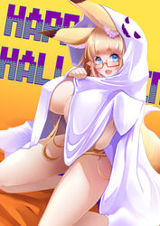  :d amino_dopple animal_ears bed_sheet blonde_hair blue_eyes breasts completely_nude english_text female fox_ears fox_tail ghost_costume glasses gradient_background halloween halloween_costume hands_up happy_halloween honami_mikura_(amino_dopple) huge_breasts kneeling long_hair looking_at_viewer naked_costume naked_sheet nude oerba_yun_fang open_mouth orange_background original red-framed_eyewear semi-rimless_eyewear sheet_ghost skin_fang smile solo tail under-rim_eyewear very_long_hair 