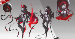  black_blindfold black_hair blindfold breasts dark-skinned_female dark_skin energy_horns female full_body grey_background highres horns long_hair mecha_musume medium_breasts multicolored_hair multiple_views original pointy_ears red_hair red_horns simple_background smjim1986 very_long_hair white_hair 