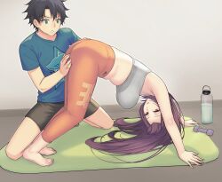  1boy ass black_pants blue_shirt bottle breasts dynamitenatalia fate/grand_order fate_(series) female fujimaru_ritsuka_(male) hand_on_another&#039;s_ass highres long_hair pants scathach_(fate) shirt sports_bra upside-down yoga yoga_mat yoga_pants 