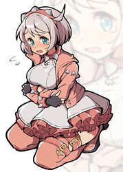  arms_crossed elphelt_valentine embarrassed guilty_gear guilty_gear_strive itsuka_neru large_breasts leather on_knees solo solo_female tears tight_clothing white_hair 