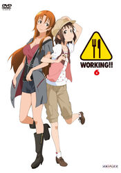  2girls artist_request boots breasts brown_eyes brown_hair casual cleavage coat cover dvd_cover earrings hat highres jewelry knee_boots long_hair medium_breasts multiple_girls orange_hair photoshop_(medium) scan short_hair short_shorts shorts siblings sisters smile socks takanashi_kozue takanashi_nazuna vest working!! 