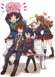  1boy 4girls :d ^_^ ahoge anger_vein angry araki_fuu bench black_socks black_thighhighs blazer bottle catfight chuunibyou_demo_koi_ga_shitai! closed_eyes commentary_request dekomori_sanae feeding force-feeding frown icho_private_high_school_uniform jacket kneehighs light_frown loafers milk multiple_girls necktie nibutani_shinka one_side_up open_mouth plaid plaid_skirt school_uniform shoes skirt sleeping smile socks striped striped_necktie takanashi_rikka thighhighs togashi_yuuta tsuyuri_kumin yes yes-no_pillow 