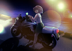  akiyama_yukari ankle_boots black_neckerchief blouse boots brown_eyes brown_footwear brown_hair closed_mouth commentary_request emblem female girls_und_panzer green_skirt helmet highres lens_flare light_particles light_smile long_sleeves looking_at_viewer looking_back messy_hair miniskirt motor_vehicle motorcycle motorcycle_helmet neckerchief night ocean on_motorcycle ooarai_(emblem) ooarai_school_uniform pleated_skirt riding school_uniform serafuku shiina_excel shirt short_hair skirt solo standing straddling suzuki_katana thighhighs white_shirt white_thighhighs 