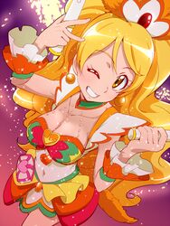  alternate_form blonde_hair boots breasts brooch choker cleavage commentary_request cure_honey cure_honey_(coconut_samba) earrings eyelashes female gradient_background green_choker hair_ornament happinesscharge_precure! happy heart heart_brooch jewelry large_breasts long_hair looking_at_viewer magical_girl midriff navel one_eye_closed oomori_yuuko ponytail precure samba shirt smile solo tj-type1 wrist_cuffs yellow_eyes 