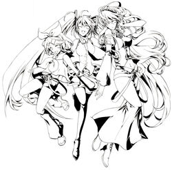  3girls commentary_request detached_sleeves greyscale hatsune_miku highres kagamine_rin line_art long_hair megurine_luka monochrome multiple_girls nekoritatsuki painttool_sai_(medium) short_hair twintails very_long_hair vocaloid 