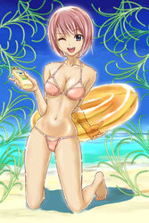  ;d barefoot beach bikini blue_eyes bottle breasts cleavage day female hajime_(caramel_toone) innertube kneeling looking_at_viewer lotion medium_breasts narrow_waist ocean one_eye_closed open_mouth original pink_bikini pink_hair short_hair skindentation smile solo string_bikini sunscreen swim_ring swimsuit 