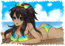  bad_id bad_pixiv_id bikini black_hair female ganaha_hibiki green_eyes idolmaster idolmaster_(classic) long_hair lying masaki_(celesta) on_stomach ponytail solo strap_slip swimsuit 