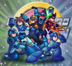  6+boys arm_cannon commentary_request geo_stelar_(mega_man) helmet highres ian_dimas mega_man_(character) mega_man_(classic) mega_man_(series) mega_man_battle_network_(series) mega_man_legends_(series) mega_man_star_force mega_man_volnutt mega_man_x_(series) mega_man_zero_(series) megaman.exe multiple_boys netnavi odd_one_out omega-xis_(mega_man) parody pose ressha_sentai_toqger robot signature sparkle star_force_mega_man super_sentai weapon x_(mega_man) zero(z)_(mega_man) zero_(mega_man) 