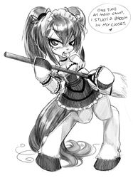  anokorok bottomwear breasts broom cleaning_tool clothing english_text equid equine female greyscale hair heart_symbol hi_res hooves horse looking_at_viewer maid_uniform mammal monochrome pony simple_background skirt text uniform 