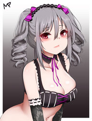  absurdres bad_id bad_pixiv_id bare_shoulders black_bra black_gloves blush bow bra breasts cleavage closed_mouth collarbone detached_collar drill_hair elbow_gloves female gloves gradient_background grey_background grey_hair hair_between_eyes hairband hairbow highres idolmaster idolmaster_cinderella_girls kanzaki_ranko large_breasts leaning_forward lips lolita_hairband long_hair looking_at_viewer mapar navel photoshop_(medium) pink_bow pink_ribbon ribbon ribbon-trimmed_collar ribbon-trimmed_gloves ribbon_trim signature solo stomach twin_drills twintails underwear underwear_only upper_body 