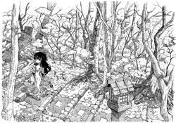  bare_shoulders bow commentary_request detached_sleeves etogami_kazuya female forest from_behind greyscale hairbow hakurei_reimu highres long_hair looking_at_viewer looking_back monochrome nature scenery shoes socks solo stairs stone_lantern touhou tree walking 