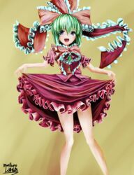  alternate_eye_color bad_id bad_pixiv_id bare_legs blue_eyes bow clothes_lift dress dress_lift female frilled_dress frills front_ponytail green_hair hair_ornament hair_ribbon hairbow highres kagiyama_hina long_hair looking_at_viewer marubororaito open_mouth ribbon short_sleeves signature smile solo touhou 