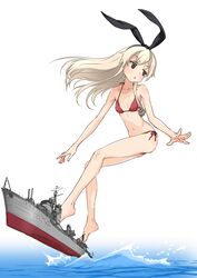  anchor_hair_ornament bare_legs bare_shoulders bikini blonde_hair breasts brown_eyes commentary_request female hair_ornament hair_ribbon historical_name_connection kantai_collection long_hair mujuuryoku_kantai name_connection navel object_namesake open_mouth painttool_sai_(medium) red_eyes ribbon shimakaze_(destroyer) shimakaze_(kancolle) side-tie_bikini_bottom small_breasts solo surfing swimsuit vehicle_and_personification water 