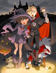  1boy ;d alternate_costume black_eyes black_hair blonde_hair blush commentary cosplay fangs female full_body gladion_(pokemon) green_eyes halloween halloween_costume hat highres long_sleeves looking_at_viewer lycanroc lycanroc_(midnight) mimikyu mismagius mismagius_(cosplay) nail_polish one_eye_closed open_mouth pants pokemon pokemon_(creature) pokemon_sm pose protected_link pumpkaboo selene_(pokemon) smile standing story_yin vampire_costume witch_hat 