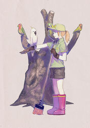  absurdres baseball_cap bird blue-and-yellow_macaw boots broom cockatoo commentary dated_commentary dicorndl female full_body gloves hat highres macaw orange_hair original parrot photoshop_(medium) ponytail rubber_boots smile sulphur-crested_cockatoo tree 