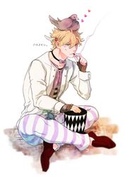  1boy animal animal_on_head argyle_clothes argyle_hat bad_id bad_pixiv_id battle_tendency belt bird bird_on_head blonde_hair bow bowtie brown_gloves caesar_anthonio_zeppeli cigarette commentary_request facial_mark feather_hair_ornament feathers full_body gloves green_eyes hair_between_eyes hair_ornament hat heart indian_style jacket jojo_no_kimyou_na_bouken koeri loafers long_sleeves male_focus on_head pants pigeon pink_bow pink_bowtie shirt shoes short_hair sitting sleeve_cuffs smoking solo striped_clothes striped_pants striped_shirt sweatdrop top_hat translation_request unworn_hat unworn_headwear wavy_mouth white_jacket 