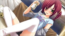  alcohol beer blush can collarbone female female game_cg green_eyes jewelry karasuba_yukari kobuichi looking_at_viewer necklace open_mouth red_hair shirt short_sleeves sitting solo t-shirt tenshinranman thighhighs white_legwear white_thighhighs 