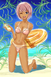  ;d barefoot beach bikini bikini_tan blue_eyes bottle breasts cleavage day female hajime_(caramel_toone) innertube kneeling looking_at_viewer lotion medium_breasts narrow_waist ocean one_eye_closed open_mouth original pink_bikini pink_hair short_hair skindentation smile solo string_bikini sunscreen swim_ring swimsuit tan tanlines 